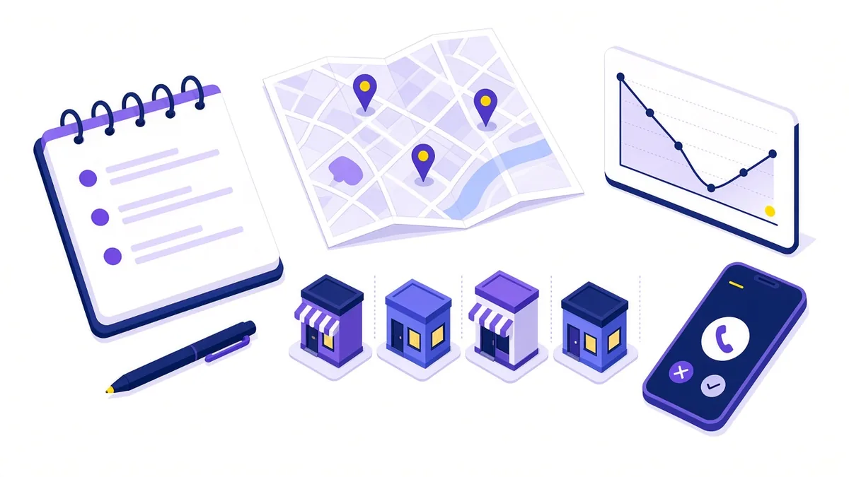 Illustration of audit preparation notes: a service list, an area map with pins, a traffic timeline, competitor shops and a phone call