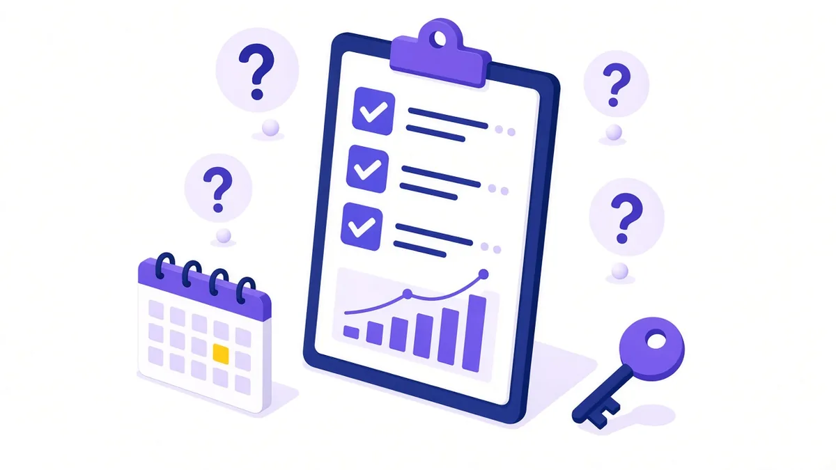 Illustration of an audit report clipboard surrounded by question marks with a calendar and an access key