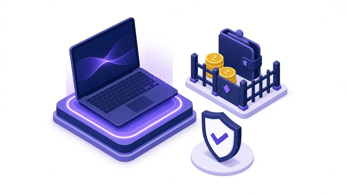 Illustration of a laptop on a scanning platform while a wallet of rupee coins stays safely fenced off, with a check shield