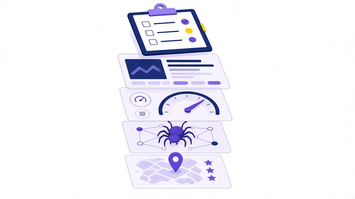 Illustration of website audit layers: crawling, page speed, content, local map signals and a prioritised to-do clipboard on top