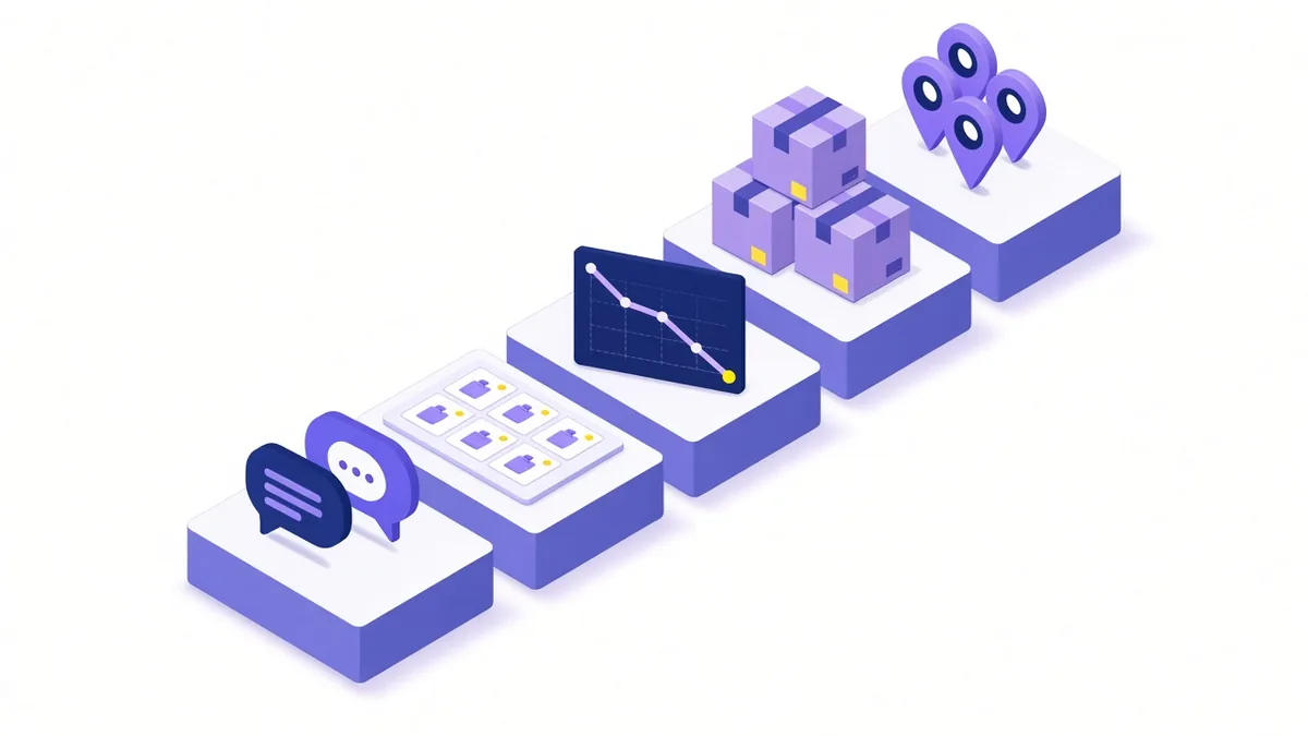 Illustration of rising steps holding audit cost drivers: two languages, a large product grid, a traffic drop, migration boxes and many city pins