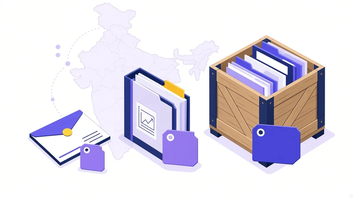 Illustration of an envelope, a folder and a large crate of documents with growing price tags in front of a faint map of India