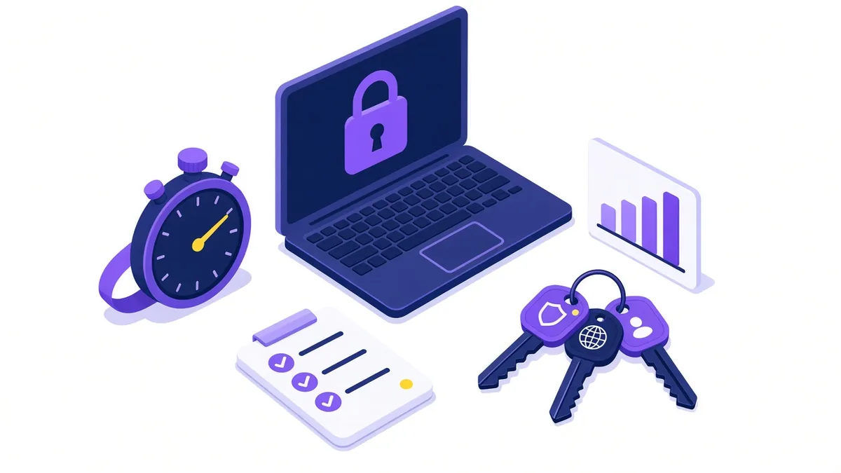 Illustration of a stopwatch, a laptop with a security padlock, an analytics chart, a short list and keys for domain and hosting