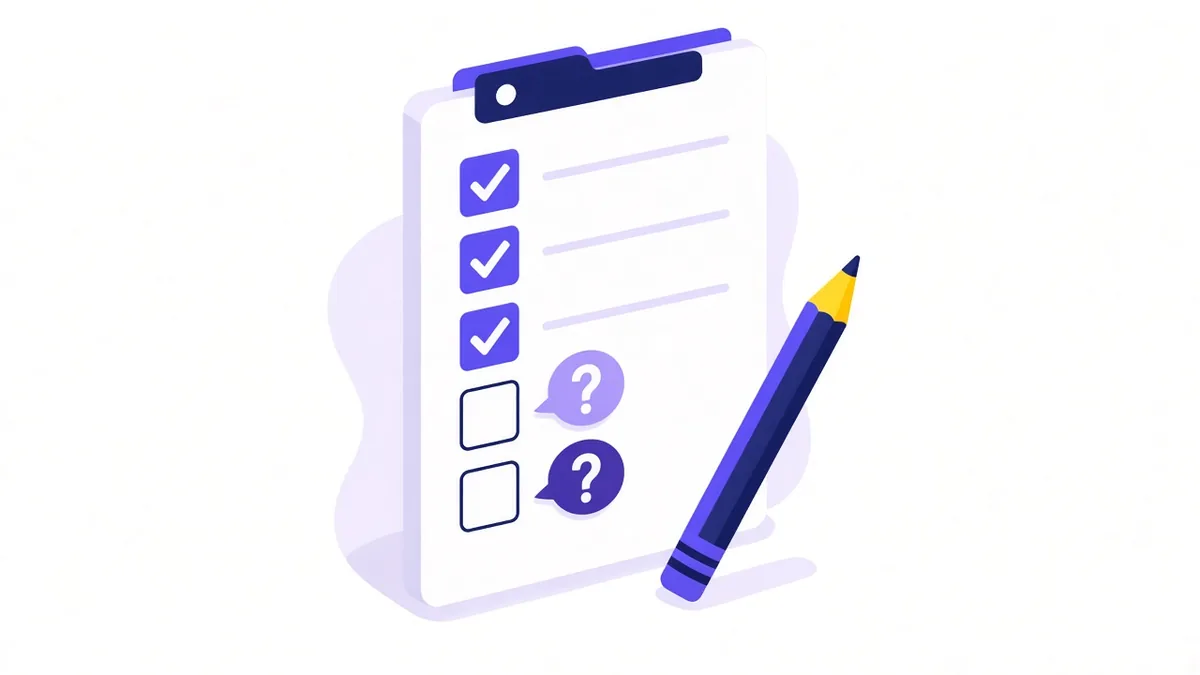 Illustration of a checklist with ticked items and question marks beside the unticked boxes, with a pencil