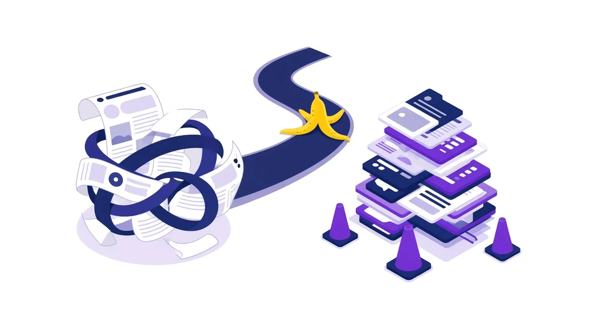 Illustration of DIY SEO mistakes: a tangled overlong web page, a banana peel on the path and a messy pile of directory listings behind cones
