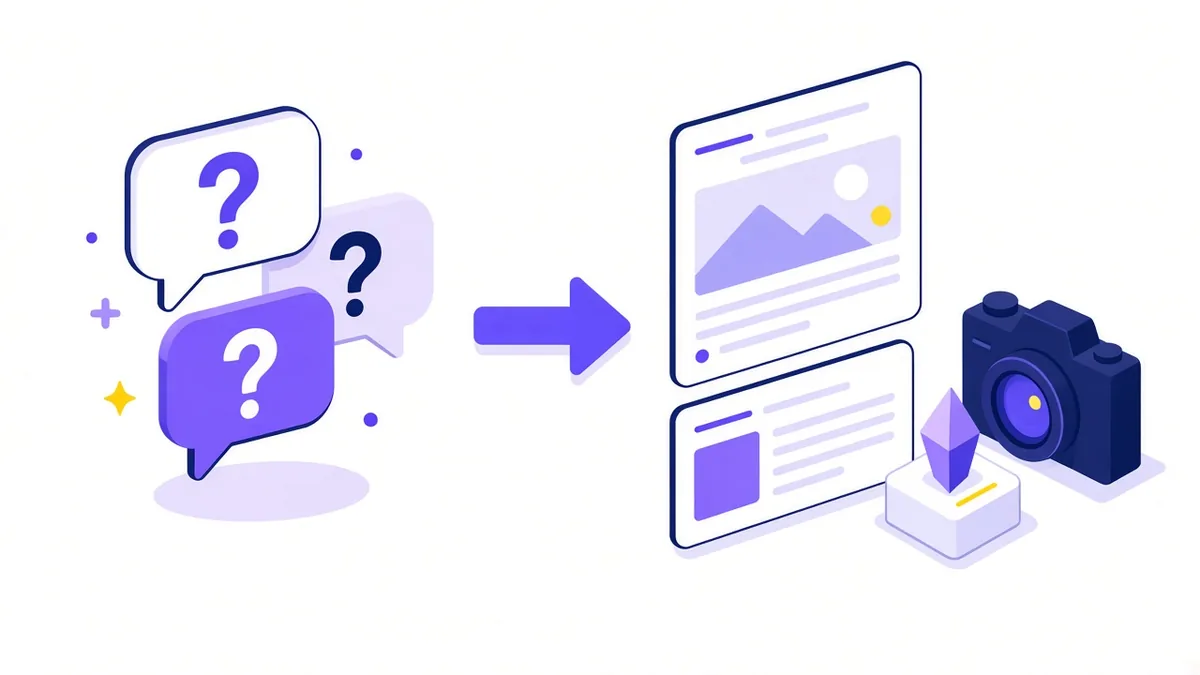 Illustration of customer question bubbles turning into helpful article pages, with a camera for original product photos