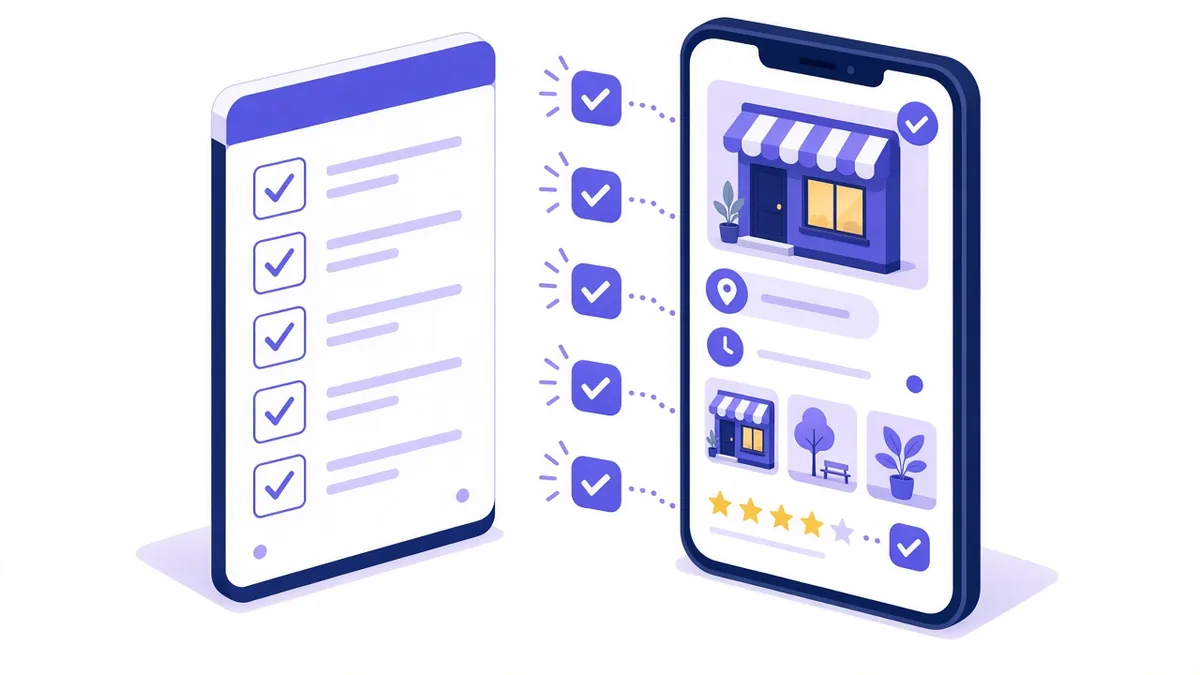 Illustration of a ticked checklist beside a phone showing a complete business profile with photos, hours and ratings