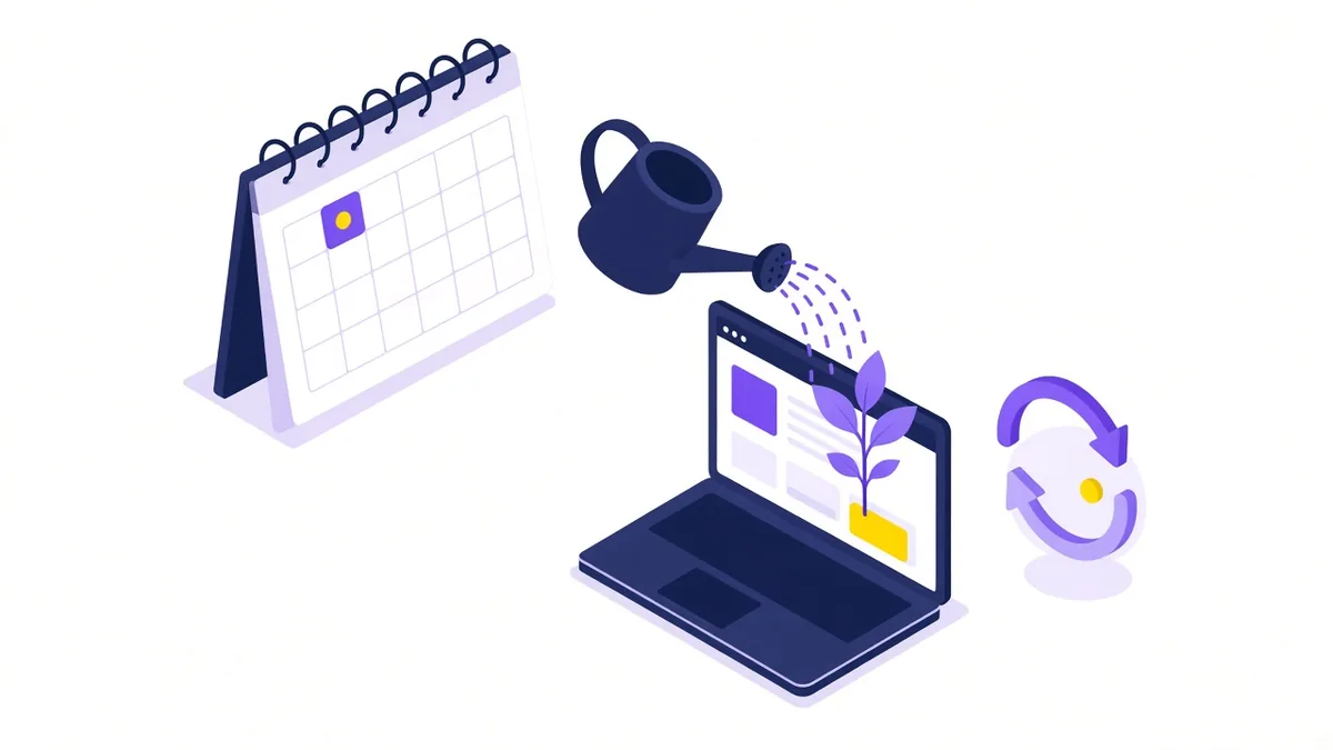 Illustration of a monthly calendar date, a watering can nurturing a plant growing from a website and a repeat-cycle icon