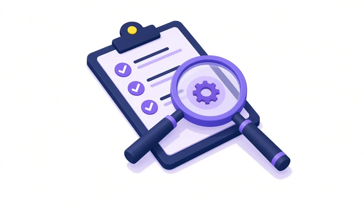 Illustration of two crossed magnifying glasses over a completed checklist revealing a hidden gear issue
