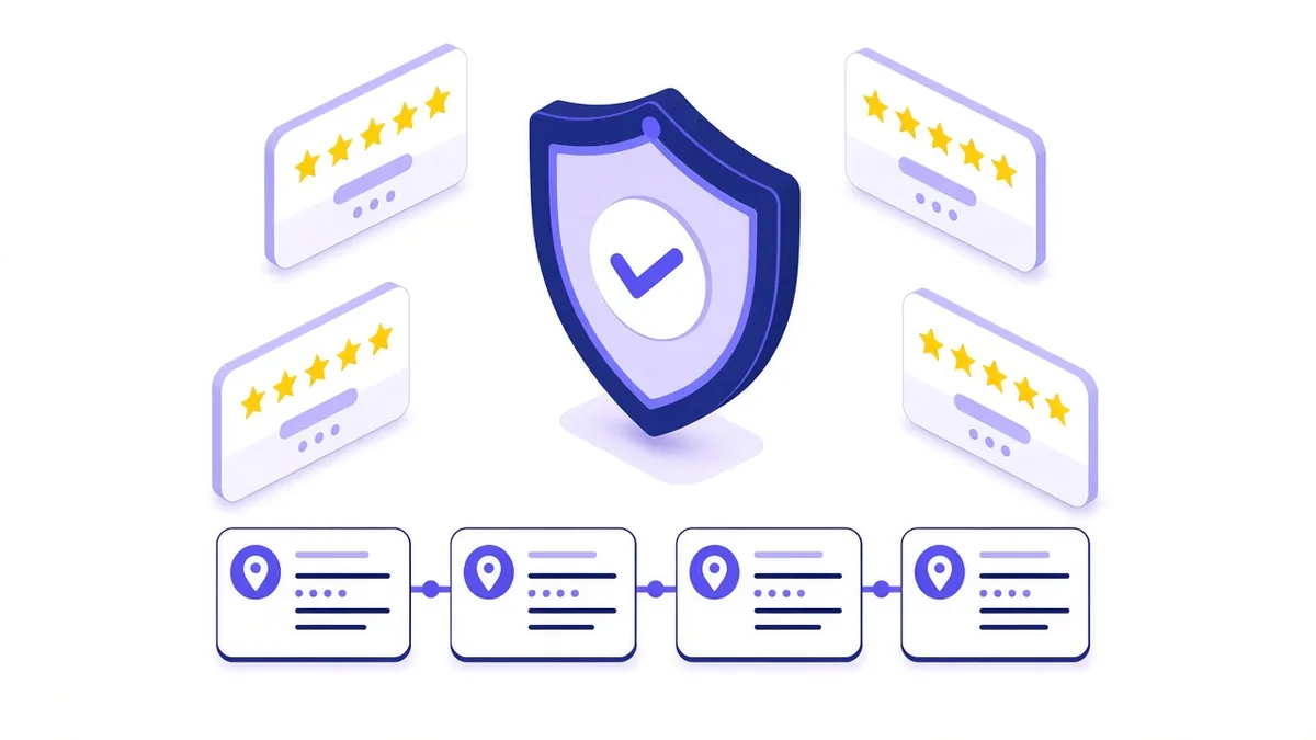 Illustration of a verified shield among five-star review cards above a row of matching business address listings