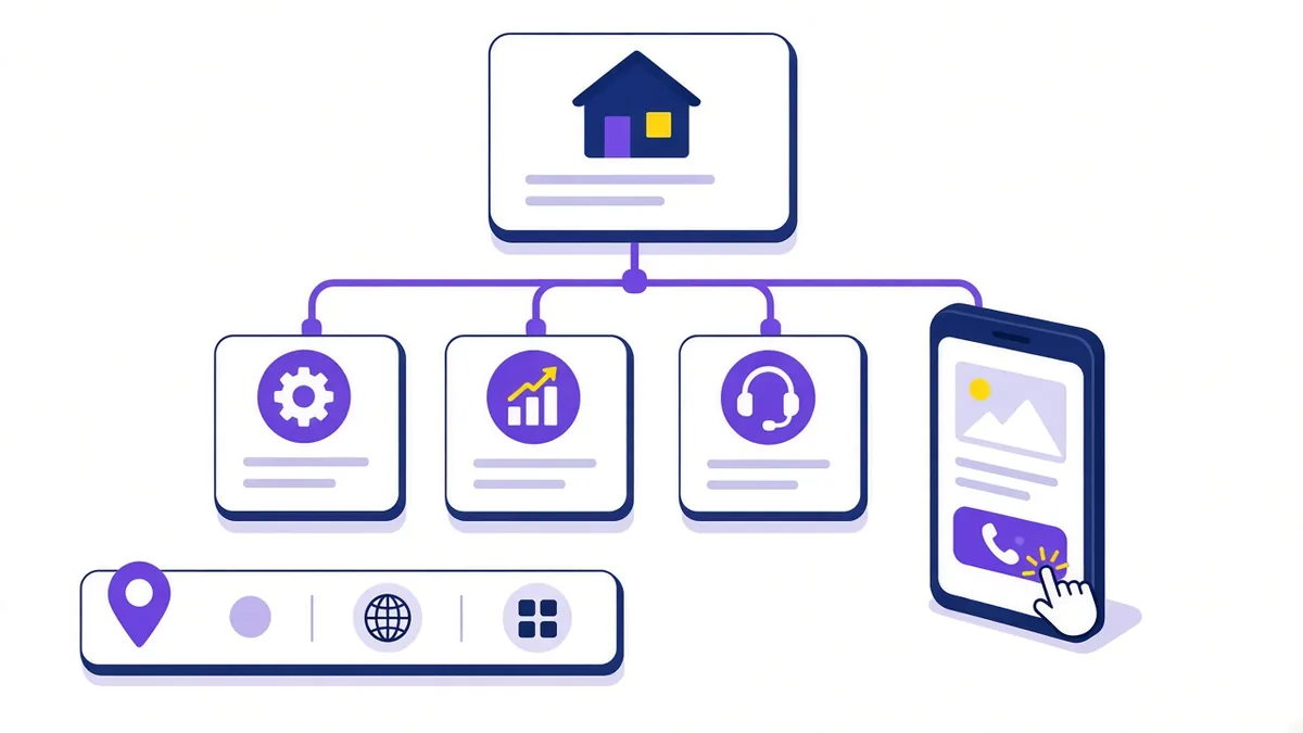 Illustration of a site map with separate service pages, a tap-to-call button on a phone and an address footer