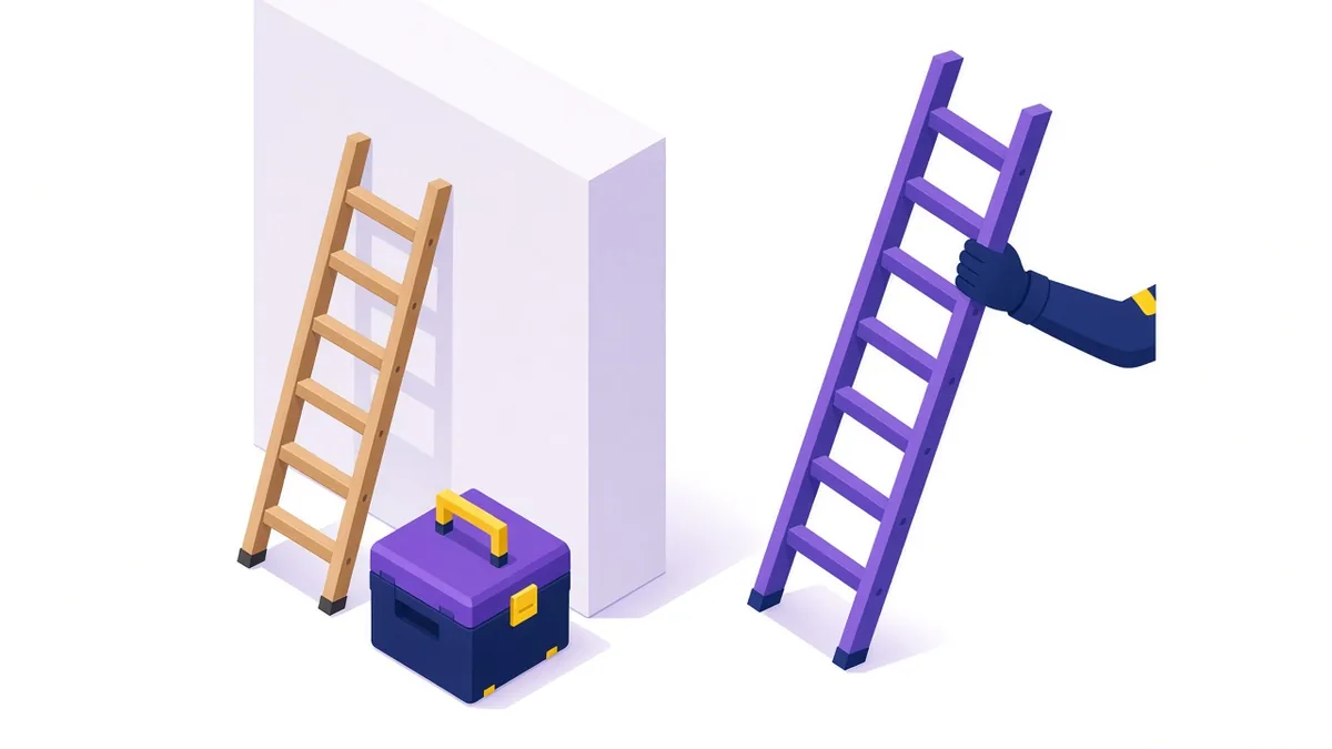 Illustration of a short DIY ladder that cannot reach the top of a wall while a gloved hand brings a taller ladder