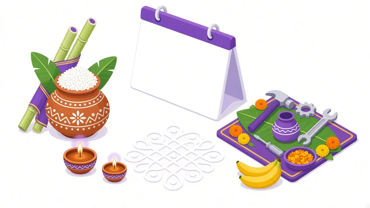 Calendar surrounded by Tamil Nadu festival symbols: Pongal pot, diyas, kolam and Ayudha Pooja tools