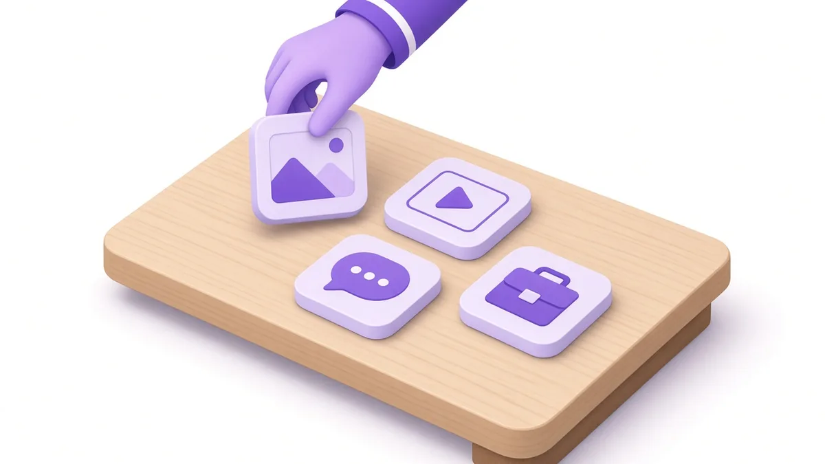 Choosing from generic social platform tiles: photo grid, video, chat and professional