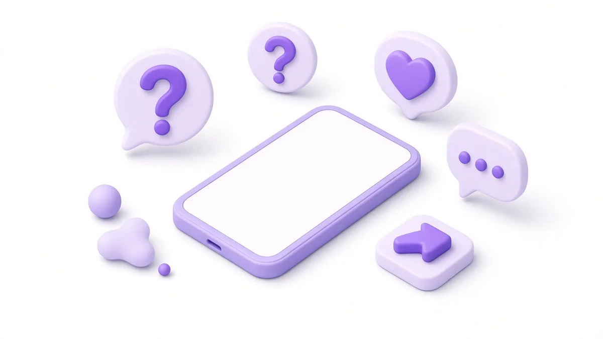 Question mark bubbles among heart, comment and share icons