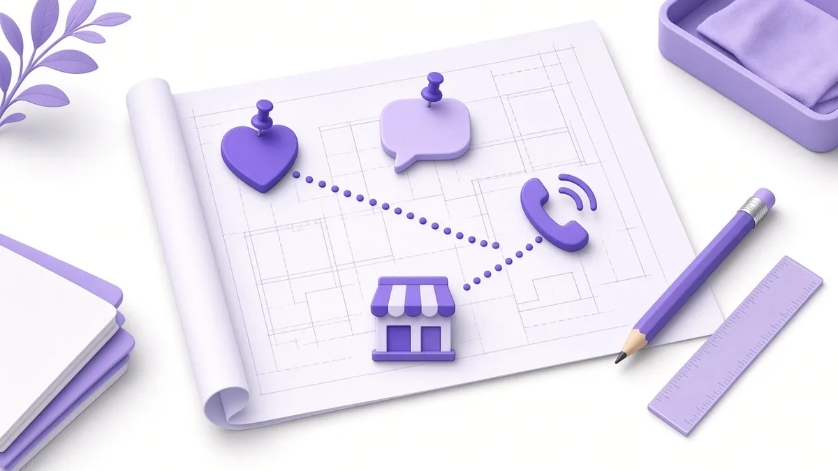 Blueprint plan with heart, chat and phone tokens pinned on it, leading to a small shop