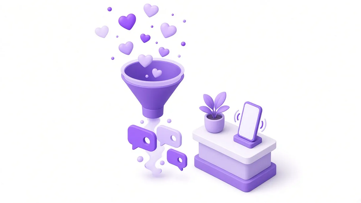 Hearts flowing through a funnel into chat enquiries and a ringing phone