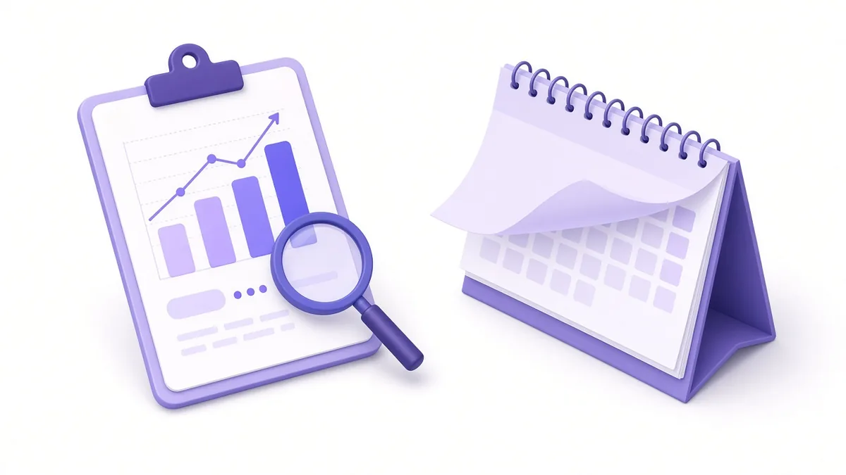 Monthly report clipboard with bar shapes and a turning calendar page