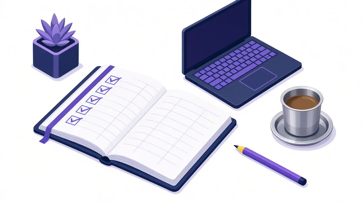 Illustration of a weekly planner with five ticked tasks beside a laptop and a South Indian filter coffee tumbler