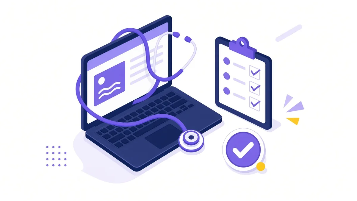 Illustration of a laptop website getting a health check with a stethoscope, a ticked clipboard and a check badge