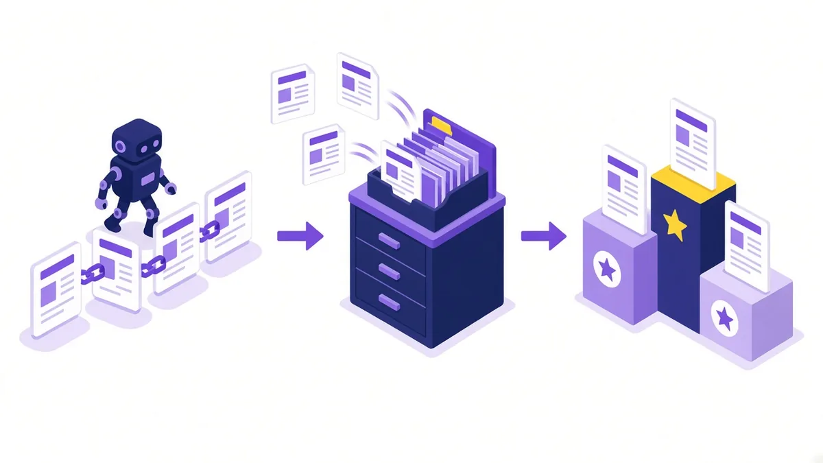 Illustration of Google's three stages: a crawler robot following links, pages filed into an index cabinet, and pages ranked on a podium