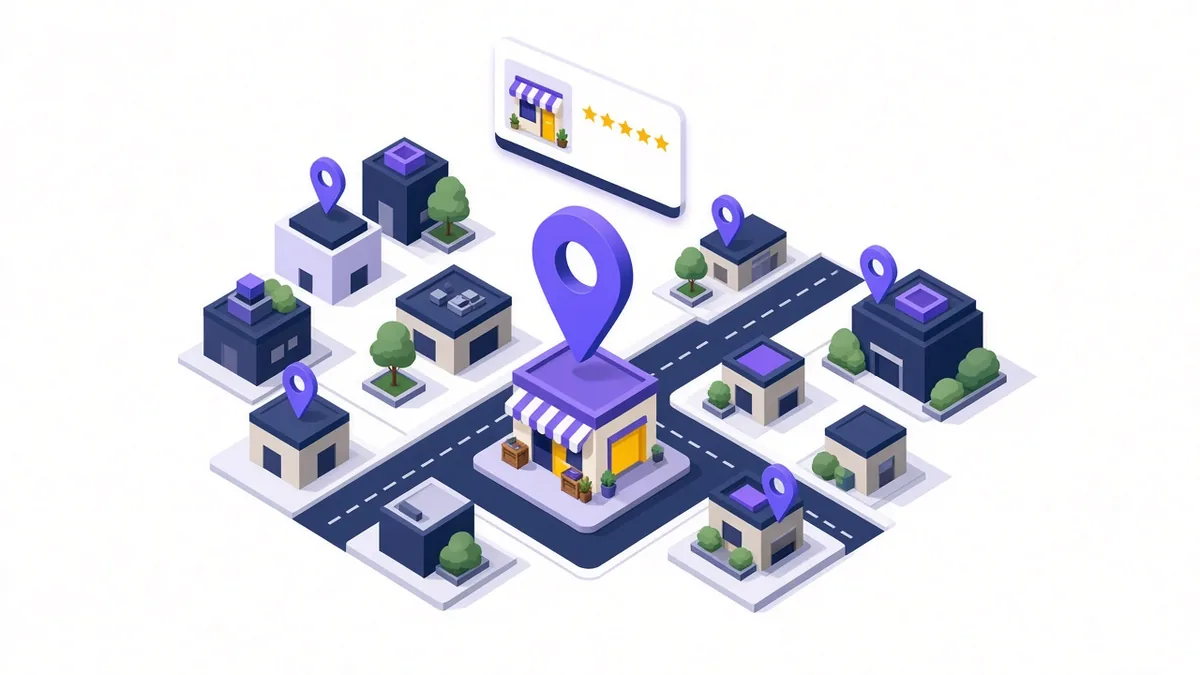 Illustration of a city map with pins and a highlighted local shop showing a business listing card with star ratings