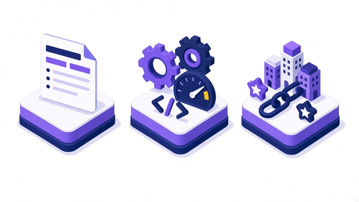 Illustration of three pedestals for on-page content, technical gears and speed, and off-page links with review stars