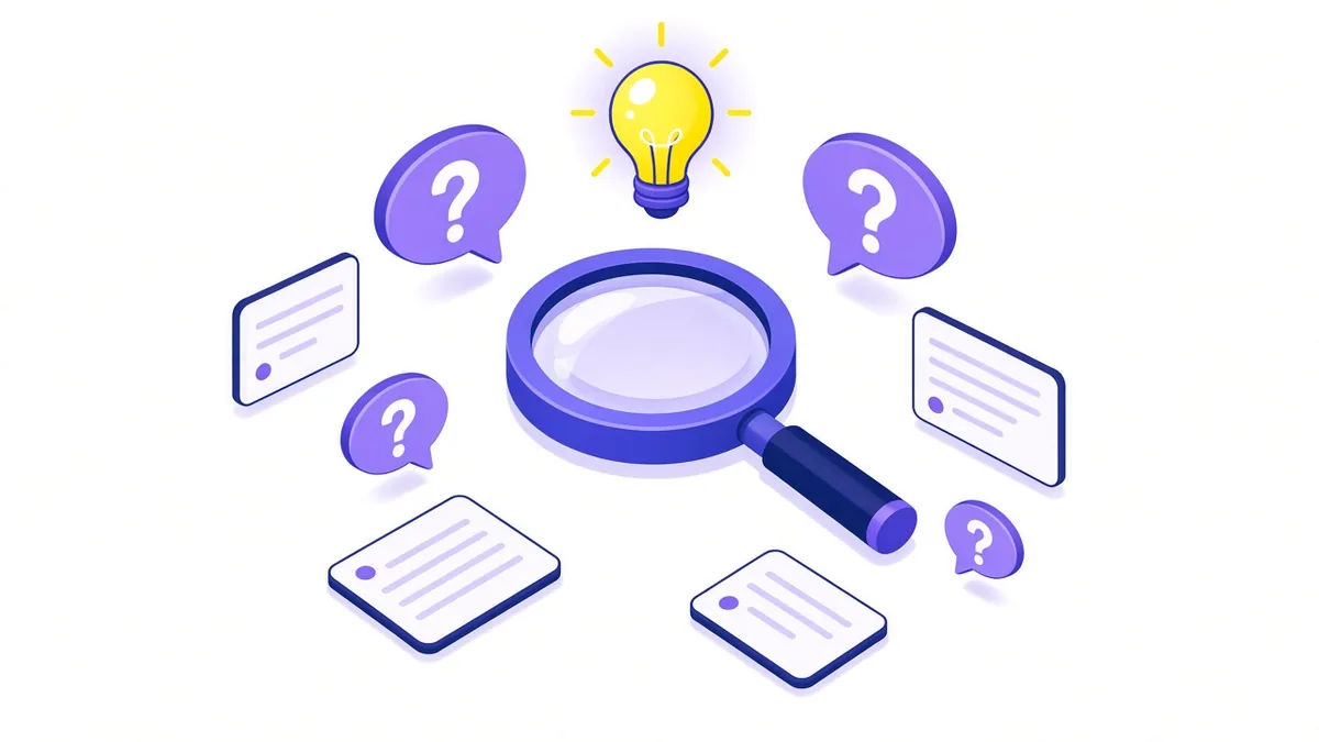 Illustration of a magnifying glass surrounded by question bubbles and answer cards for common SEO questions