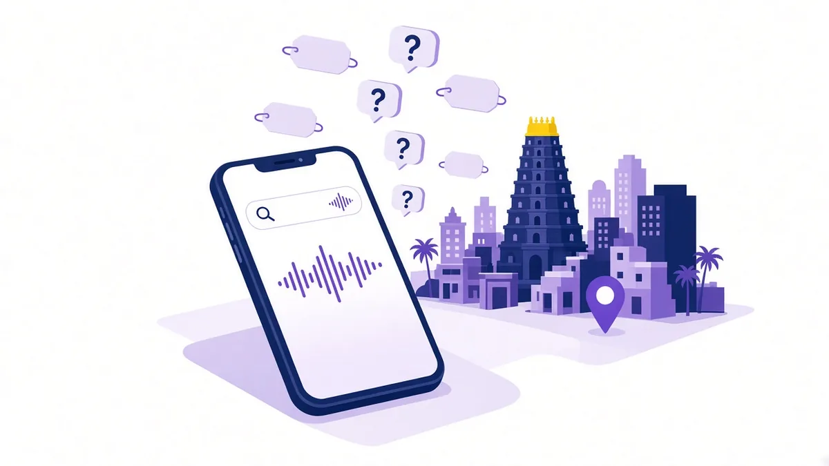 Illustration of a phone voice search sending keyword tags and questions over a Coimbatore skyline with a temple tower and map pin