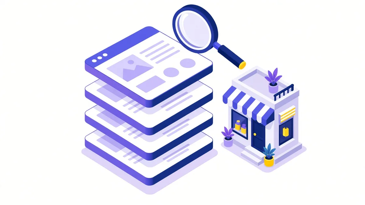Illustration of a website page rising to the top of a stack of search results beside a small shop, showing what SEO does