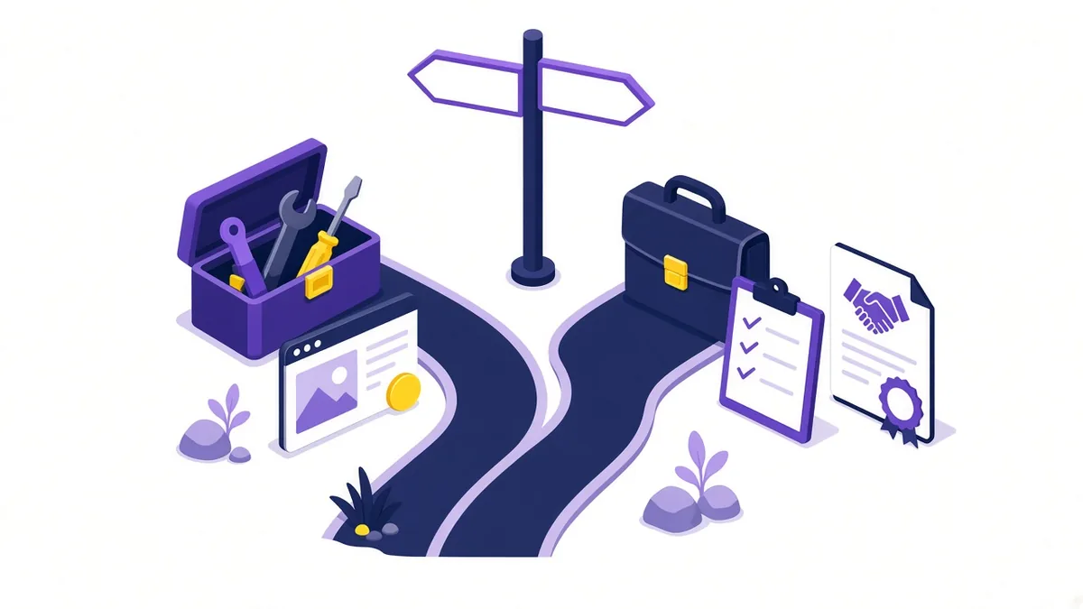 Illustration of a fork in the road between a DIY toolbox and a professional briefcase with a checklist and agreement