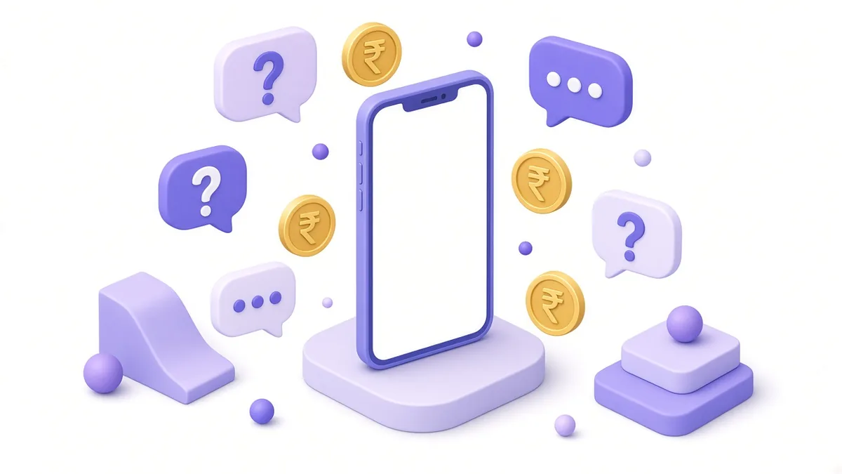 Question mark bubbles mixed with chat bubbles and rupee coins around a phone