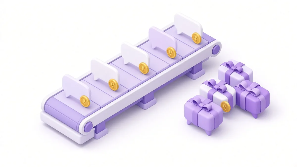 Chat message bubbles each carrying a small rupee tag on a conveyor belt