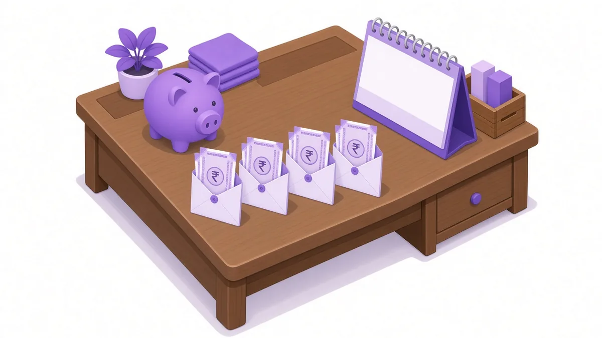 Desk with piggy bank and rupee notes divided into weekly envelopes for a starting ad budget