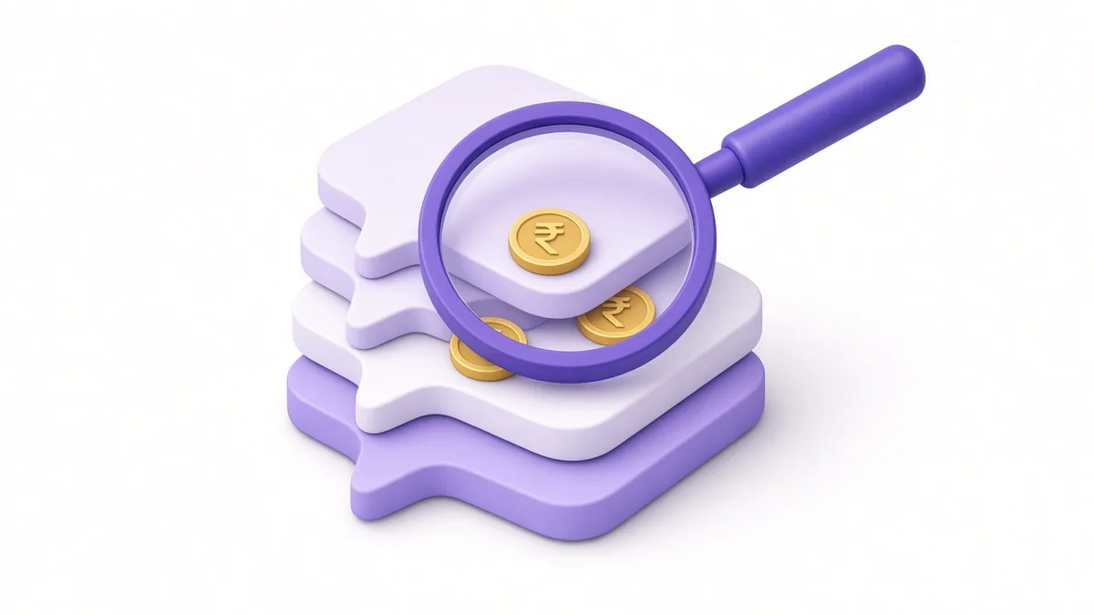 Magnifying glass revealing rupee coins inside a stack of chat bubbles