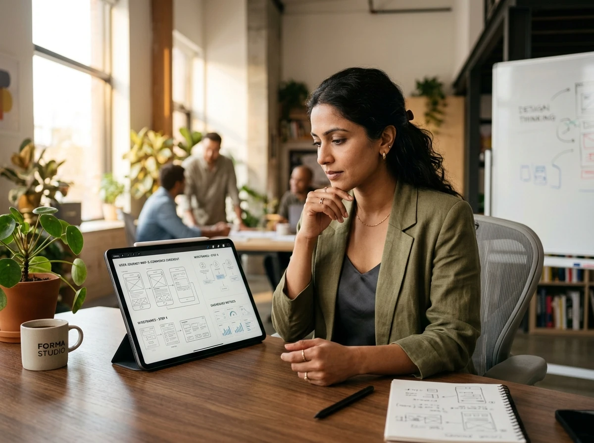 UX strategist thoughtfully analyzing human digital journey maps