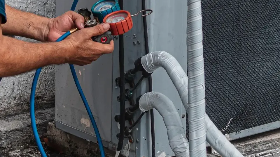 Technician checking an air conditioner with pressure gauges, a typical local service business