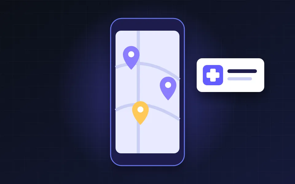 Illustration of a phone map with three branch pins and a clinic listing card