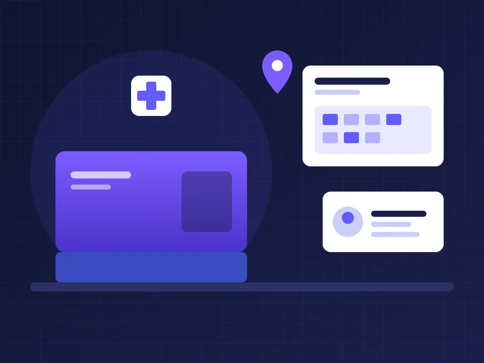 Illustration of a clinic reception desk with a map pin, an appointment calendar and a doctor profile card, with no patients shown