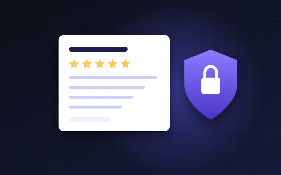 Illustration of a review card with five stars beside a shield with a padlock for patient privacy