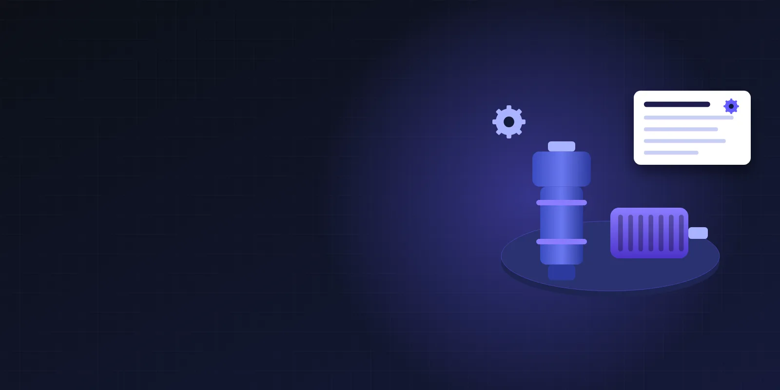 3D-style illustration of a glowing submersible pump and an electric motor on a platform, with a specification card and a gear