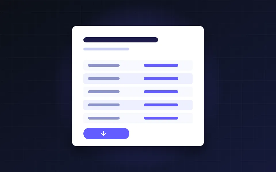 Illustration of a product datasheet card with a specification table and a download button