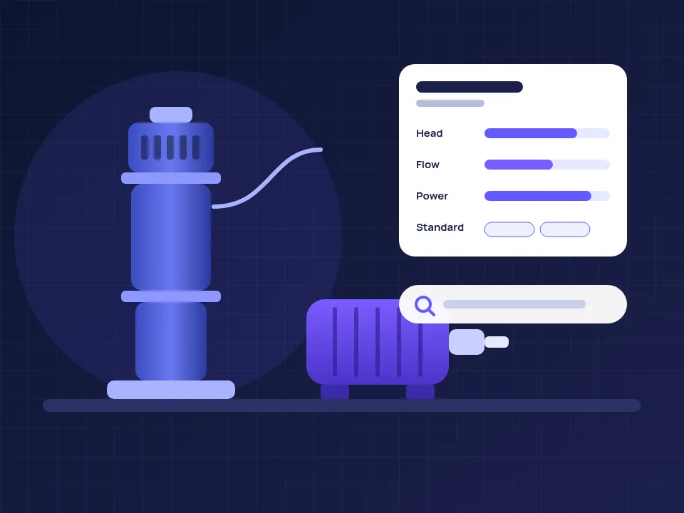 Illustration of a submersible pump and an electric motor next to a product specification card listing head, flow, power and standard