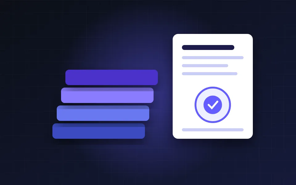 Illustration of stacked fabric bolts next to a certificate card with a check mark seal