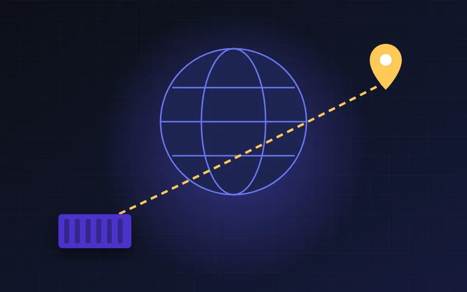 Illustration of a globe with a dotted shipping route from a cargo container to a destination pin