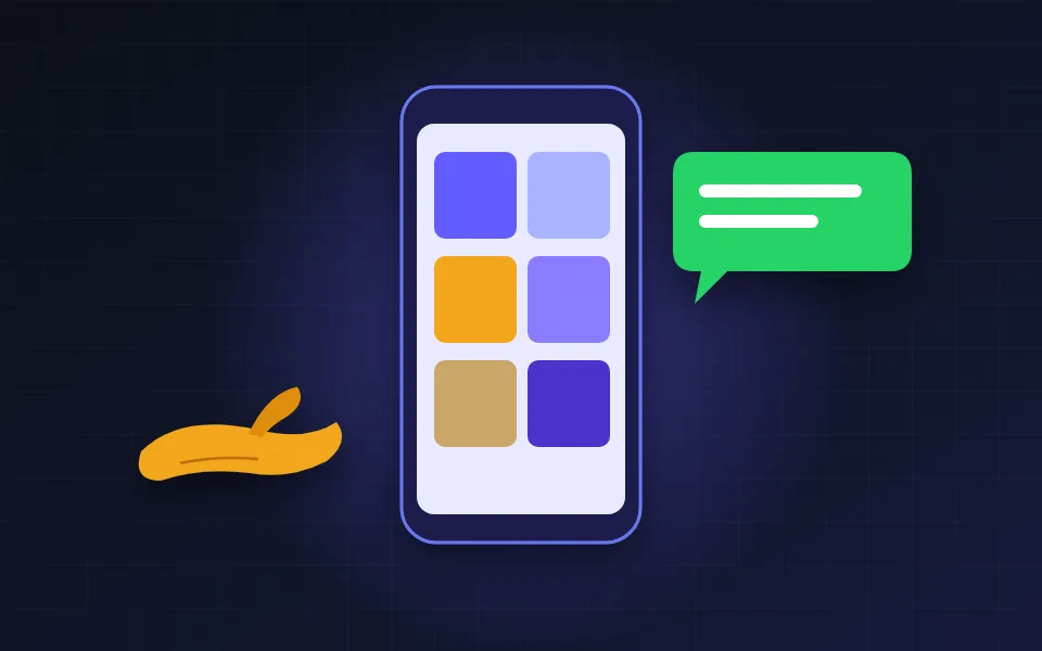 Illustration of a phone showing a catalogue of product tiles and a chat bubble