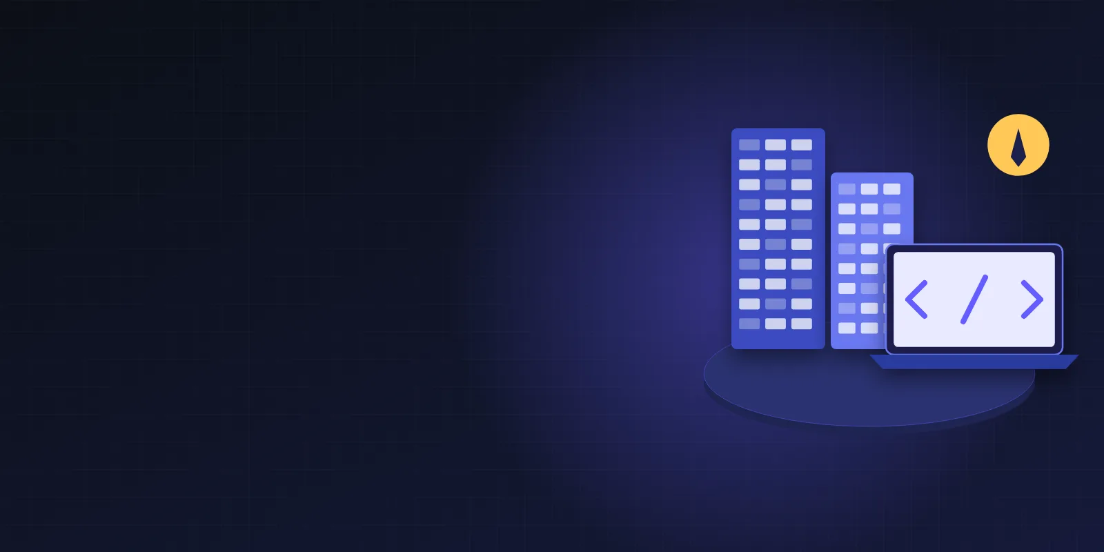 Illustration of two glass office towers with a laptop showing code brackets and a rocket badge