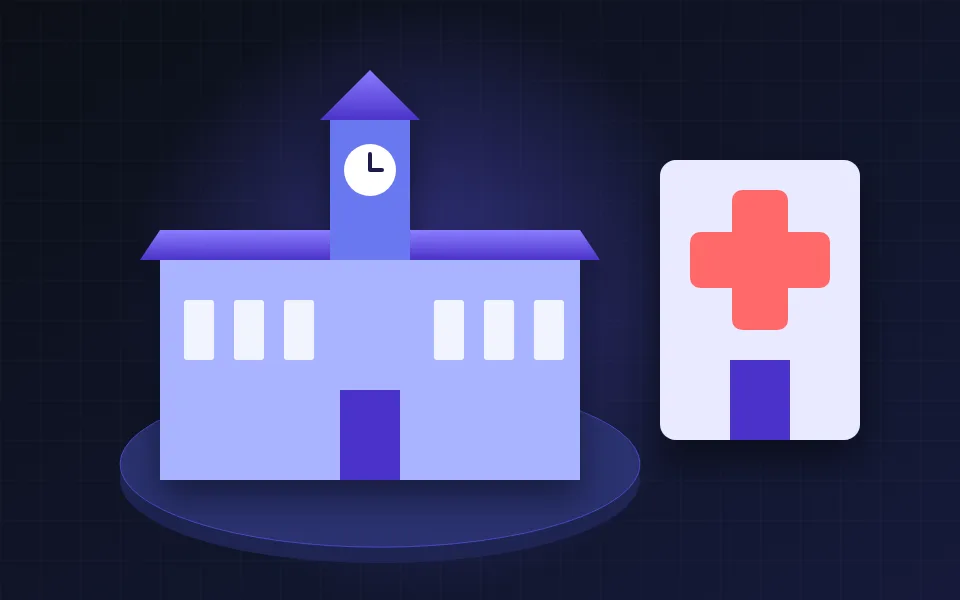 Illustration of a campus building with a clock tower beside a hospital cross badge