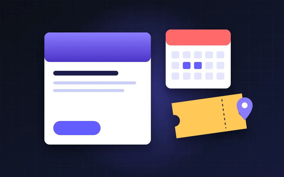Illustration of an event page card with a calendar, a ticket and a location pin
