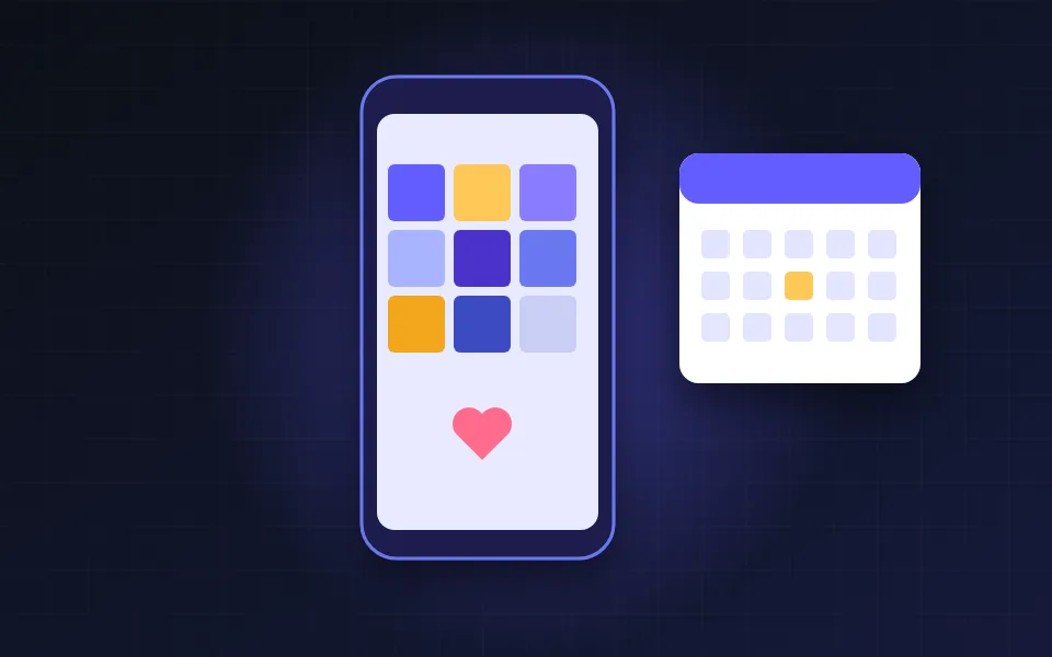 Illustration of a phone showing a grid of product photos with a heart and a calendar card